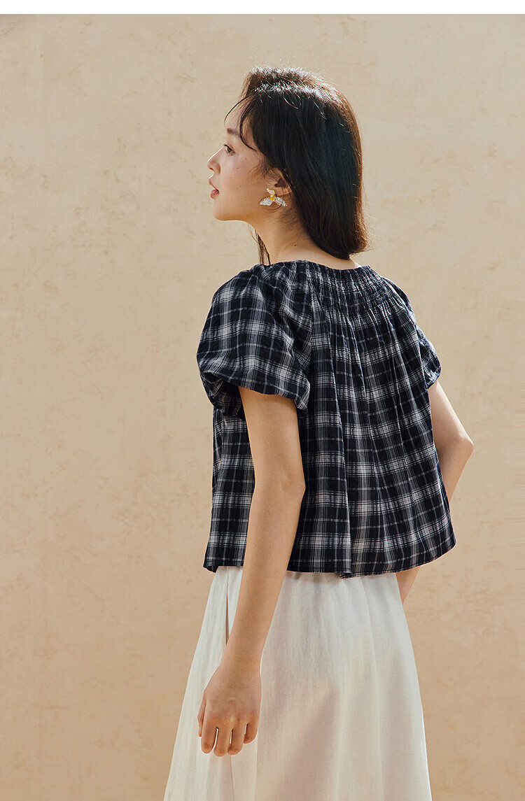 INMAN 100% Xinjiang Cotton Vintage Plaid Lantern Sleeve Shirt 2026 Summer Women's Off-Shoulder Top 14